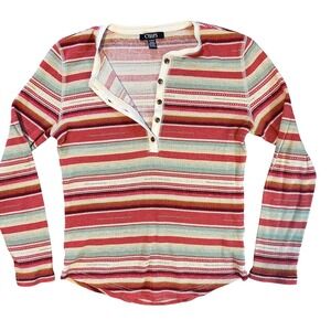 Chaps Heritage Striped Waffle Knit Henley Top Petite Medium Cotton Southwestern